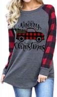 merry christmas truck and tree graphic women's shirt - buffalo plaid raglan baseball tee with long sleeves, perfect for xmas celebrations - by uniqueone logo