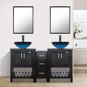 img 4 attached to Eclife 60 ''Комбинированный шкаф для умывальника для ванной комнаты с квадратной раковиной из закаленного стекла Ocean Blue и боковым шкафчиком, водосберегающим краном на 1,5 галлона в минуту и ​​выдвижным сливом из твердой латуни, с зеркалом, черный (A04 2B06)
