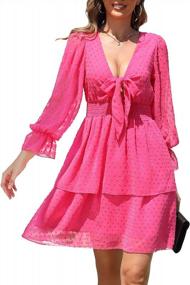 img 4 attached to Women Swiss Dot Tie Front Ruffle Layered Mini Dress V Neck Long Sleeve A-Line Party Club Short Dress