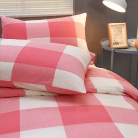 img 2 attached to King Size Pink And White Buffalo Check Plaid 100% Washed Cotton Duvet Cover Set, 3 Piece Geometric Pattern Printed Bedding With Corner Ties & Zipper Closure (104" X 90") By UFRIDAY