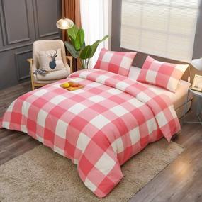 img 4 attached to King Size Pink And White Buffalo Check Plaid 100% Washed Cotton Duvet Cover Set, 3 Piece Geometric Pattern Printed Bedding With Corner Ties & Zipper Closure (104" X 90") By UFRIDAY
