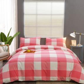 img 3 attached to King Size Pink And White Buffalo Check Plaid 100% Washed Cotton Duvet Cover Set, 3 Piece Geometric Pattern Printed Bedding With Corner Ties & Zipper Closure (104" X 90") By UFRIDAY