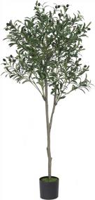 img 4 attached to Artificial Olive Tree - 5.25Ft Tall Faux Potted Silk Tree With Planter, Large Olive Branch And Fruit Decoration, Indoor Home Decor For Modern Living Spaces, 1032 Leaves
