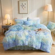 liferevo luxury faux fur duvet cover set - soft & fluffy ombre marble print bedding with 2 pillow covers, zipper closure - rainbow blue, queen logo