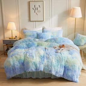 img 4 attached to LIFEREVO Luxury Faux Fur Duvet Cover Set - Soft & Fluffy Ombre Marble Print Bedding With 2 Pillow Covers, Zipper Closure - Rainbow Blue, Queen