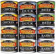 🐾 evangers grain free, all natural dog/cat food: variety pack with 6 flavors (chicken, beef, buffalo, rabbit, duck, and wild salmon) - 12 cans, 6-ounce each logo
