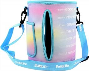 img 4 attached to Gallon Water Bottle Sleeve With Time Marker & Adjustable Shoulder Strap, Measuring Your H2O Intake - Pink/Blue Gradient, No Bottle Included - Improve Your Hydration With BuildLife