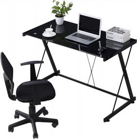 img 2 attached to Z-образный стеклянный компьютерный стол с металлическим каркасом, рабочая станция для домашнего офиса для ноутбуков и ПК черного цвета