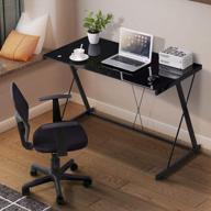 z-shaped glass top computer desk with metal frame, home office workstation for laptops and pcs in black logo