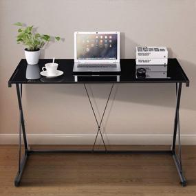 img 3 attached to Z-образный стеклянный компьютерный стол с металлическим каркасом, рабочая станция для домашнего офиса для ноутбуков и ПК черного цвета