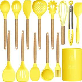 img 4 attached to 14 Pcs Silicone Cooking Utensils Kitchen Utensil Set - 446°F Heat Resistant,Turner Tongs,Spatula,Spoon,Brush,Whisk, Wooden Handles Yellow Kitchen Gadgets Tools Set For Nonstick Cookware (BPA Free)