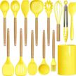 14 pcs silicone cooking utensils kitchen utensil set - 446°f heat resistant,turner tongs,spatula,spoon,brush,whisk, wooden handles yellow kitchen gadgets tools set for nonstick cookware (bpa free) logo