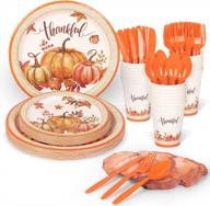 decorlife thanksgiving plates and napkins sets serves 24, 10.25" pumpkin plates, 12oz cups, leave shaped napkins for fall party supplies, friendsgiving plates, total 168pcs logo