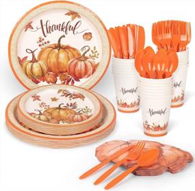 img 4 attached to DECORLIFE Thanksgiving Plates And Napkins Sets Serves 24, 10.25" Pumpkin Plates, 12Oz Cups, Leave Shaped Napkins For Fall Party Supplies, Friendsgiving Plates, Total 168PCS