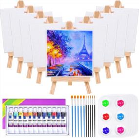 img 4 attached to 4X4 Inch Mini Canvas Painting Kit With Easel, Acrylic Paint, Brushes And Trays For Kids & Adult Art Party Supplies