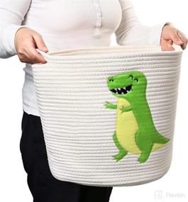 img 3 attached to 🦕 Cute Dinosaur Toy Holder and Laundry Hamper for Boys - LotFancy Cotton Rope Basket with Handles, 15.7x13''