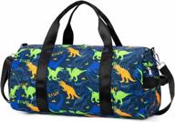 kids boys gym duffle bag with shoe compartment and wet pocket - dinosaur dark blue logo