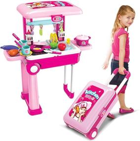 img 4 attached to Kids Kitchen Playset With Accessories - Pretend Play Cooking Set For Boys & Girls, Pots, Pans, Dishes, Cups, Utensils And Food Toys In Adorable Travel Suitcase With Light And Sound Effects