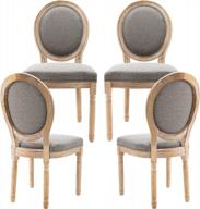 set of 4 driftwood guyou upholstered dining chairs with antique french country design and vintage round back. distressed grey fabric and wood accent chairs for kitchen or living room. logo