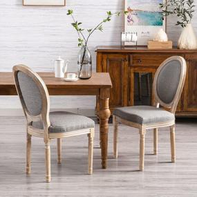 img 3 attached to Set Of 4 Driftwood Guyou Upholstered Dining Chairs With Antique French Country Design And Vintage Round Back. Distressed Grey Fabric And Wood Accent Chairs For Kitchen Or Living Room.