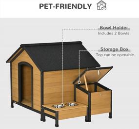 img 1 attached to PawHut Wooden Outdoor Dog House, Cabin-Style Pet House With Feeding Bowls, Asphalt Roof, Storage Box For Dogs Up To 66 Lbs., Natural