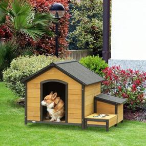 img 3 attached to PawHut Wooden Outdoor Dog House, Cabin-Style Pet House With Feeding Bowls, Asphalt Roof, Storage Box For Dogs Up To 66 Lbs., Natural