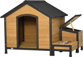 img 4 attached to PawHut Wooden Outdoor Dog House, Cabin-Style Pet House With Feeding Bowls, Asphalt Roof, Storage Box For Dogs Up To 66 Lbs., Natural