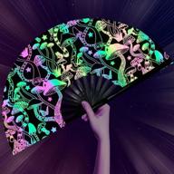 large folding hand fan for edm, music festival, event, party, dance & performance - omytea reflective rave clack fan for women/men/drag queen (mushroom) logo