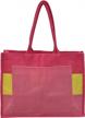 handmade woven beach tote bag for women - trendy, cute, & spacious | vacation, farmers market, & travel bag- jute & canvas designer shoulder bag in red & yellow with zipper logo