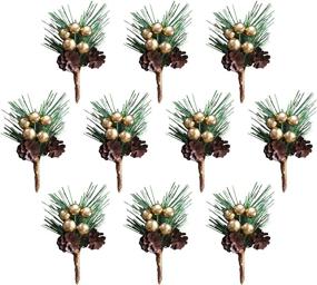 img 4 attached to 10Pcs Medium Artificial Pine Picks With Fake Gold Berries, Branches, Cones & Needles For Christmas Party Flower Arrangements Wreaths Xmas Tree Gift Decor