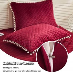 img 1 attached to LIFEREVO 2 Pack Diamond Quilted Crystal Velvet Mink Pillowcases Pompoms Fringe Decorative Throw Pillow Shams Zipper Closure Lumbar Cushion Cover For Bedroom Sofa Couch (Burgundy, Queen)