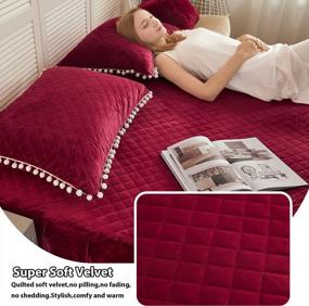 img 2 attached to LIFEREVO 2 Pack Diamond Quilted Crystal Velvet Mink Pillowcases Pompoms Fringe Decorative Throw Pillow Shams Zipper Closure Lumbar Cushion Cover For Bedroom Sofa Couch (Burgundy, Queen)