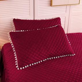 img 4 attached to LIFEREVO 2 Pack Diamond Quilted Crystal Velvet Mink Pillowcases Pompoms Fringe Decorative Throw Pillow Shams Zipper Closure Lumbar Cushion Cover For Bedroom Sofa Couch (Burgundy, Queen)
