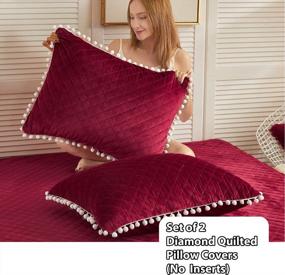 img 3 attached to LIFEREVO 2 Pack Diamond Quilted Crystal Velvet Mink Pillowcases Pompoms Fringe Decorative Throw Pillow Shams Zipper Closure Lumbar Cushion Cover For Bedroom Sofa Couch (Burgundy, Queen)