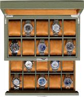 rothwell 20 slot leather watch box - luxury watch case display jewelry organizer, - locking watch display case holder with large real glass top - watch box organizer for men and women (green/tan) logo