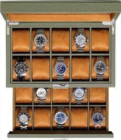 img 4 attached to ROTHWELL 20 Slot Leather Watch Box - Luxury Watch Case Display Jewelry Organizer, - Locking Watch Display Case Holder With Large Real Glass Top - Watch Box Organizer For Men And Women (Green/Tan)