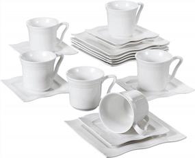 img 4 attached to MALACASA Mario Series 18-Piece Porcelain Square Dinnerware Set For 6 With Dessert Plates, Cups, And Saucers In Ivory White