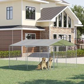 img 3 attached to PawHut Dog Kennel Outdoor Heavy Duty Playpen With Galvanized Steel Secure Lock Mesh Sidewalls And Waterproof Cover For Backyard & Patio, 13' X 13' X 7.5'
