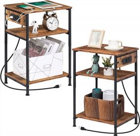 img 4 attached to Rustic Brown Slim Nightstand Set Of 2 With Charging Station, USB Ports And Power Outlets - Perfect End Table Side Table For Small Space Living Room, Bedroom, MOOACE.