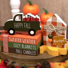 img 4 attached to DAZONGE Fall Decor - Fall Thanksgiving Decorations For Home - 1 Set Of Faux Book Stack, 1 Happy Fall Sign And 1 Buffalo Plaid Sign With Thankful Tag For Fall Tiered Tray Decor - Farmhouse Kitchen Coffee Bar Sign Shelf Sitter