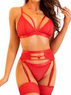 exotic and strappy: women's fishnet mesh high waisted bra and panty set with garter logo