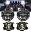 7 inch led headlights with drl high low beam + 4 inch halo ring fog lights compatible with jeep wrangler jk jku tj lj 1997-2018, black logo