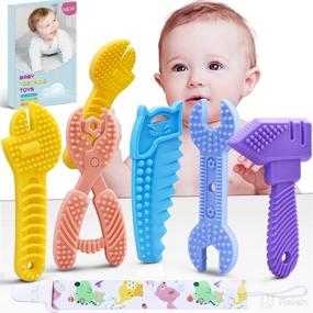 img 4 attached to 👶 MGTFBG Baby Teething Toys Set for 0-6 Months and 6-12 Months - BPA Free Silicone, Soft Textures - Hammer, Wrench, Scissors Shape Molar Teether Chew Toys - 5-Pack Gift