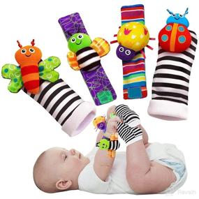 img 4 attached to New Baby Gift - 4PCS Baby Rattle Socks Toys, Wrist Rattles and Foot Finders for Baby Boy or Girl - Infant Toys