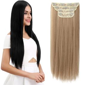 img 4 attached to REECHO 24" Straight Long 4 PCS Set Thick Clip In On Hair Extensions - Golden Blonde With Highlights