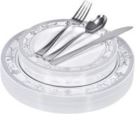 🍽️ silver floral plastic dinner set - 125 piece plastic plates, cutlery - perfect for parties, holidays, catering and more - serves 25 guests логотип