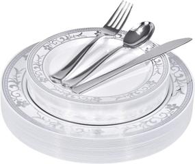 img 4 attached to 🍽️ Silver Floral Plastic Dinner Set - 125 Piece Plastic Plates, Cutlery - Perfect for Parties, Holidays, Catering and More - Serves 25 Guests