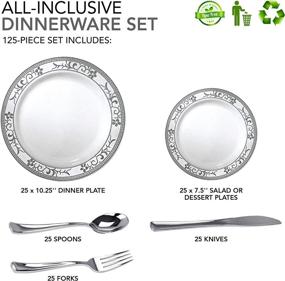 img 3 attached to 🍽️ Silver Floral Plastic Dinner Set - 125 Piece Plastic Plates, Cutlery - Perfect for Parties, Holidays, Catering and More - Serves 25 Guests