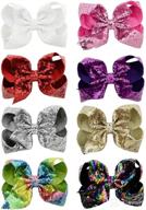 💃 8-pack of angla grosgrain 8-inch big sequin glitter hair bow clips handmade, sparkly hairbows for girls, kids, toddlers, women - stylish hair accessories logo