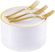72 gold rimmed dessert plates with 72 gold plastic forks - elegant white heavyweight plastic plates for parties and weddings, perfect gold salad and appetizer plates logo